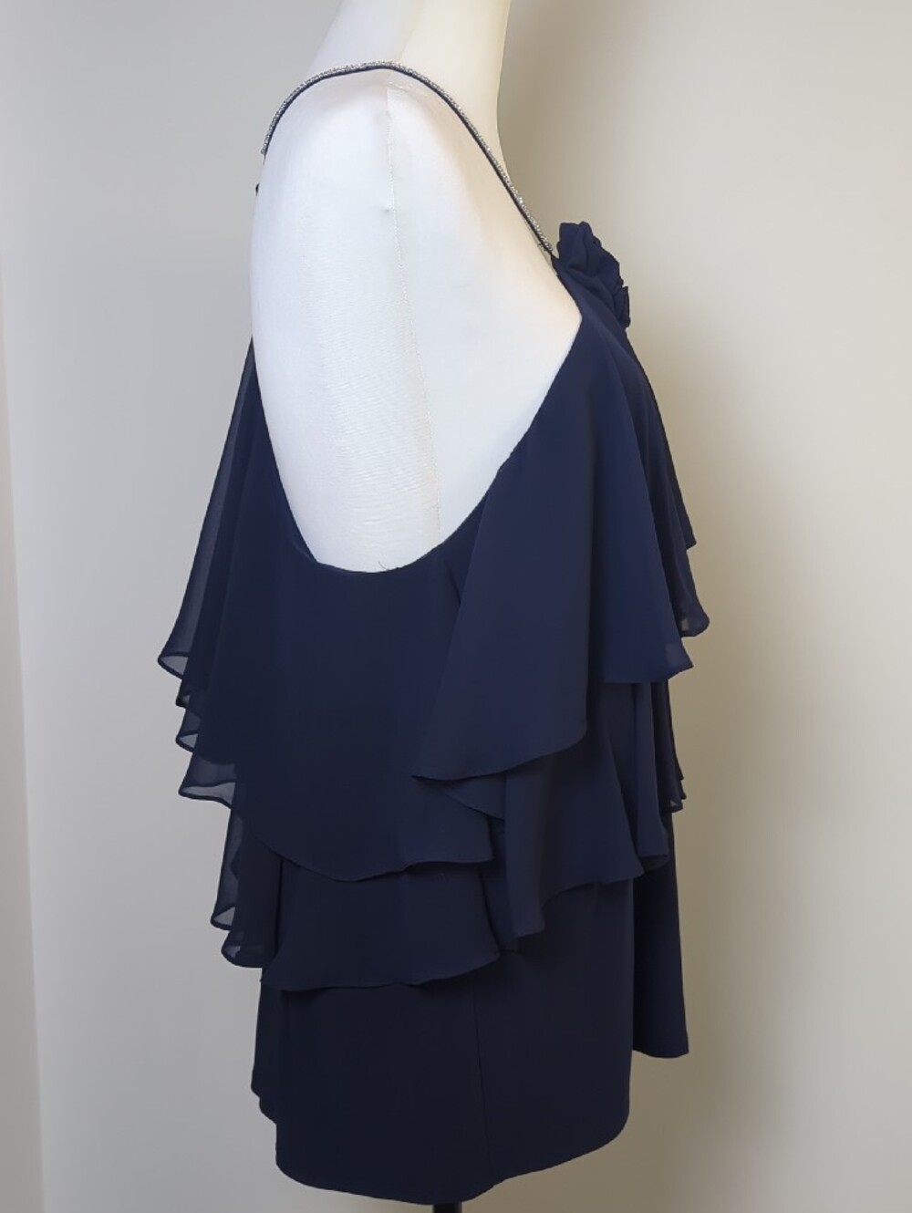 NWT MSK Navy Blue Rhinestone Halter Tiered Chiffon Top Rosette Blouse XL - Picture 9 of 15